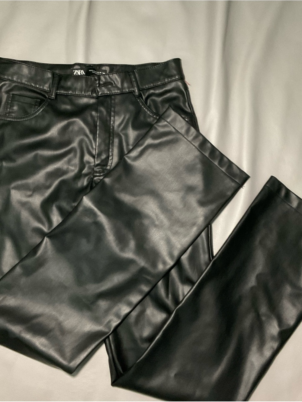 Zara Black Faux Leather Straight-Leg Jeans